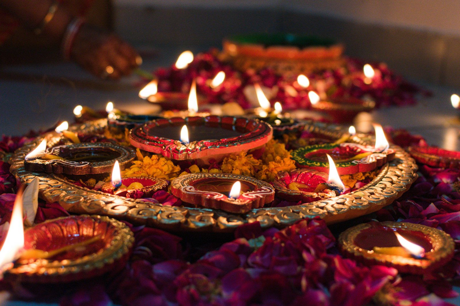 Decorative lamps and candles lit for Diwali
