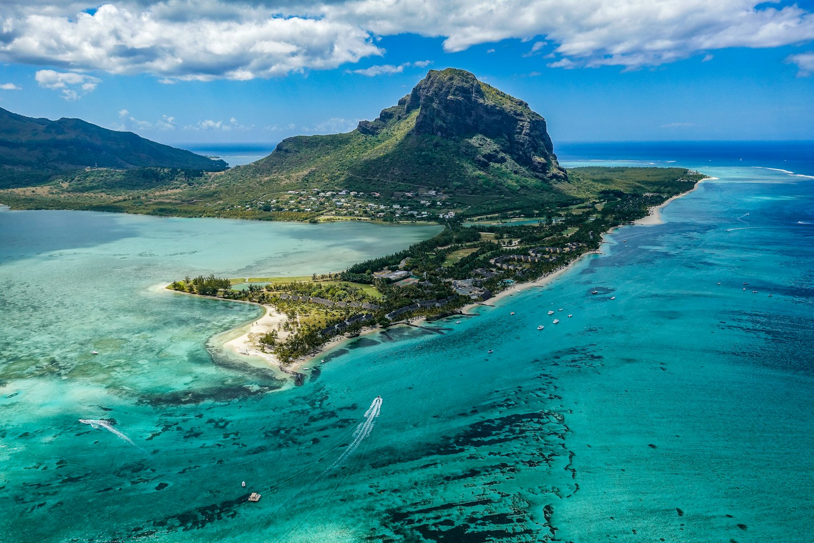 Aerial view of Le Morne peninsula and lagoon in Mauritius
