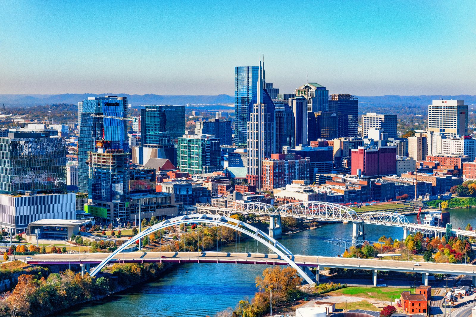 Aerial view of the Nashville skyline along the Cumberland River