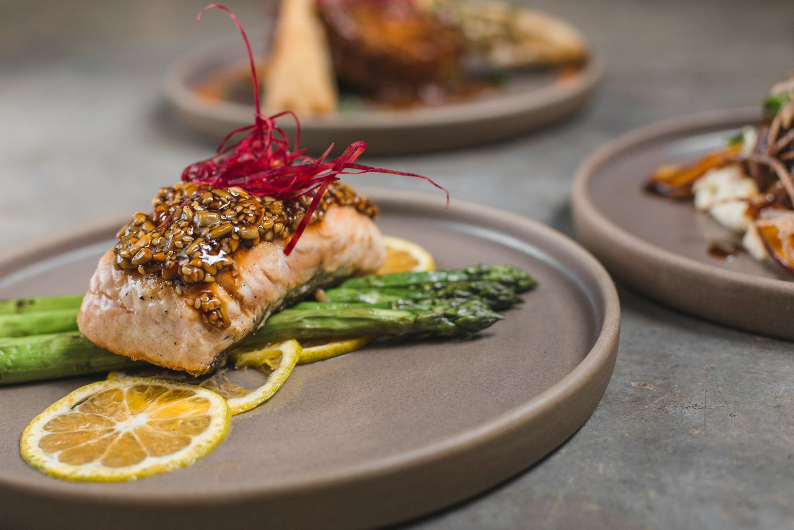 Close up of a plated dish with asparagus