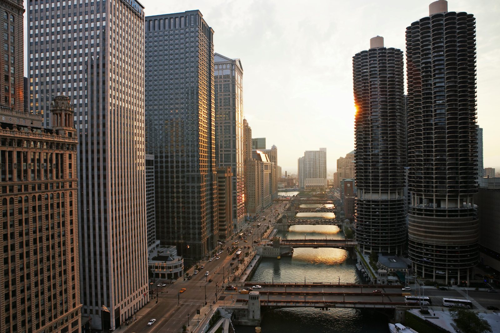 A river running between tall buildings in a city centre